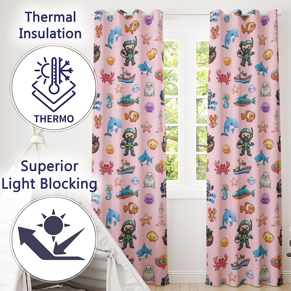Cartoon Ocean with various sea CreaturesSea Creatures on Blush Pink Background  Readymade Eyelet Ring Top Thermal 100% Blackout Curtains