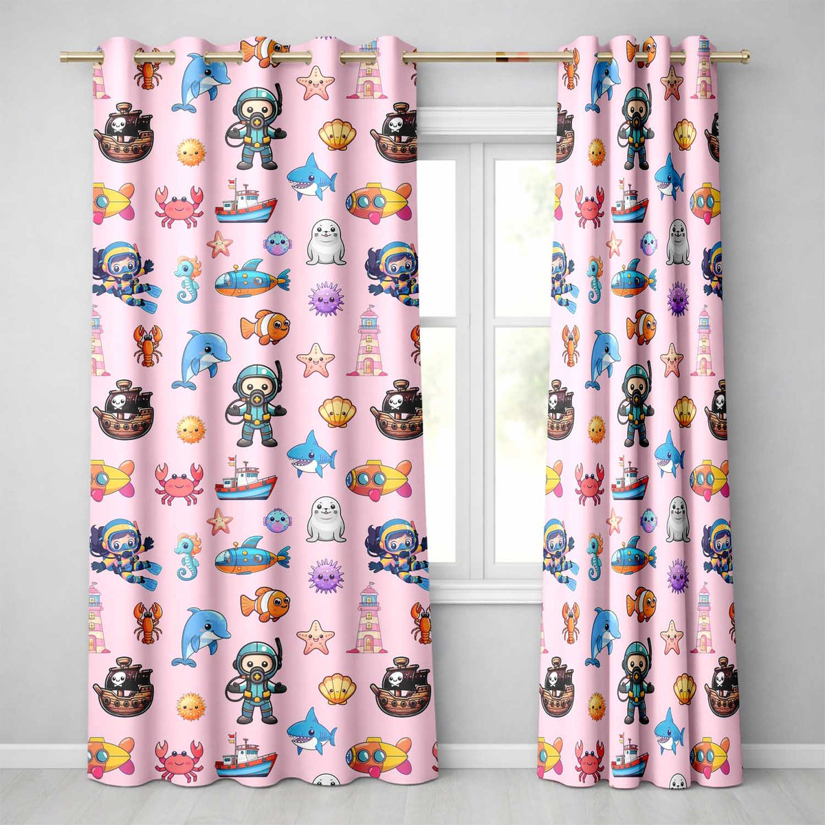 Cartoon Ocean with various sea CreaturesSea Creatures on Blush Pink Background  Readymade Eyelet Ring Top Thermal 100% Blackout Curtains