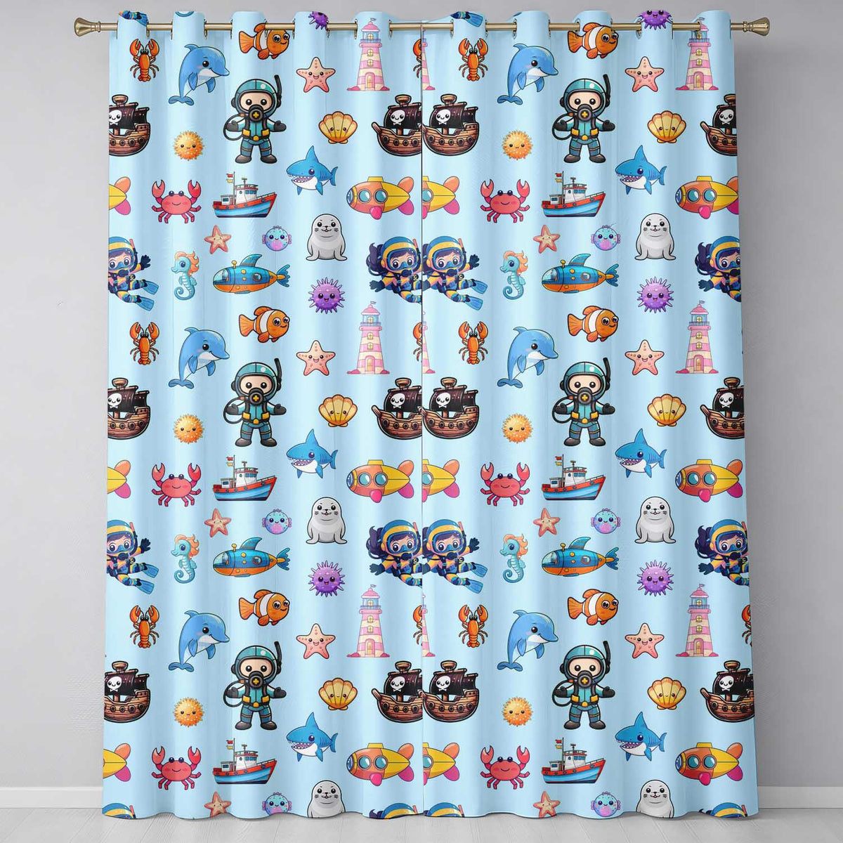 Cartoon Ocean  with various sea Creatures Sea Creatures on Aqua Blue Background  Readymade Eyelet Ring Top Thermal 100% Blackout Curtains