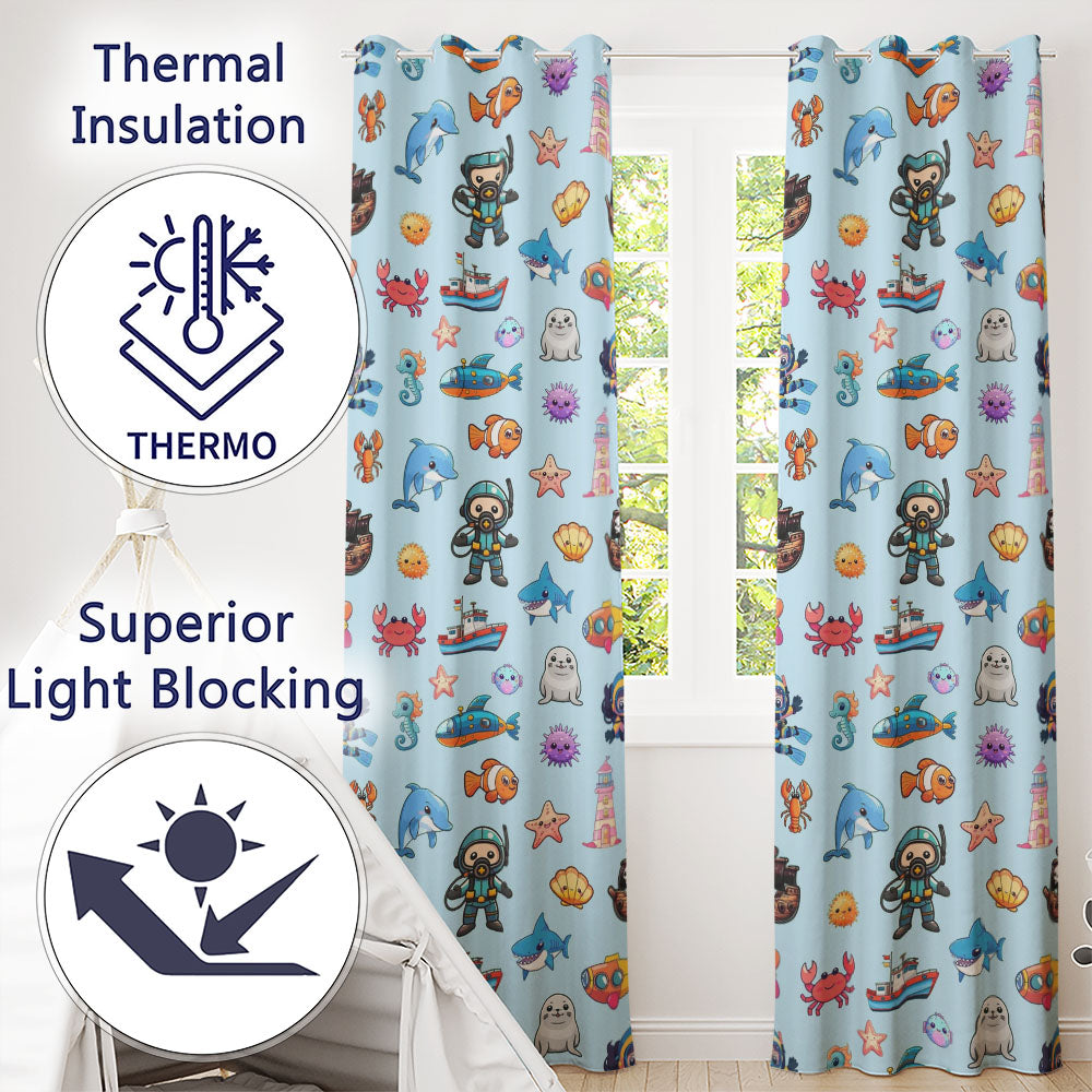 Cartoon Ocean  with various sea Creatures Sea Creatures on Aqua Blue Background  Readymade Eyelet Ring Top Thermal 100% Blackout Curtains