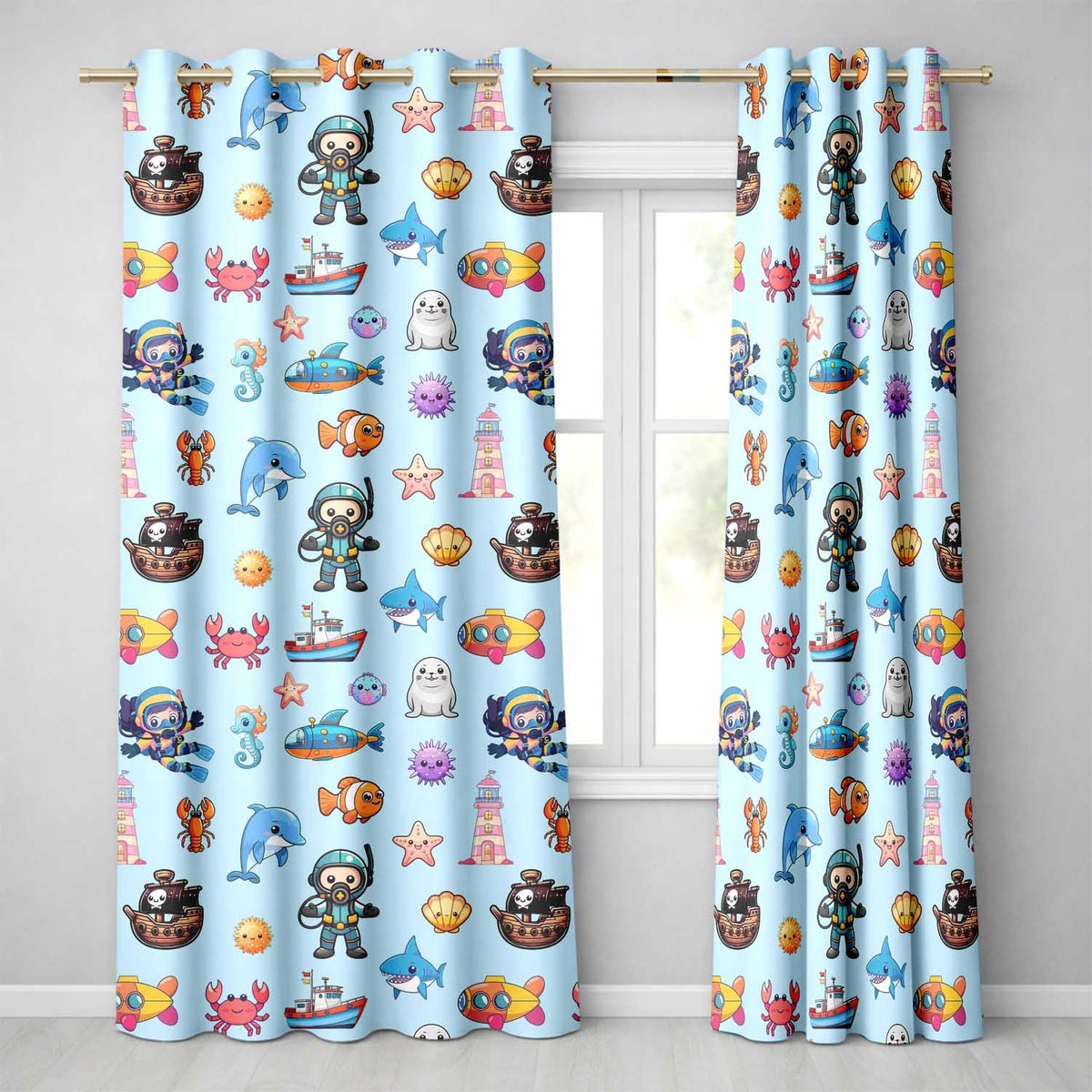 Cartoon Ocean  with various sea Creatures Sea Creatures on Aqua Blue Background  Readymade Eyelet Ring Top Thermal 100% Blackout Curtains
