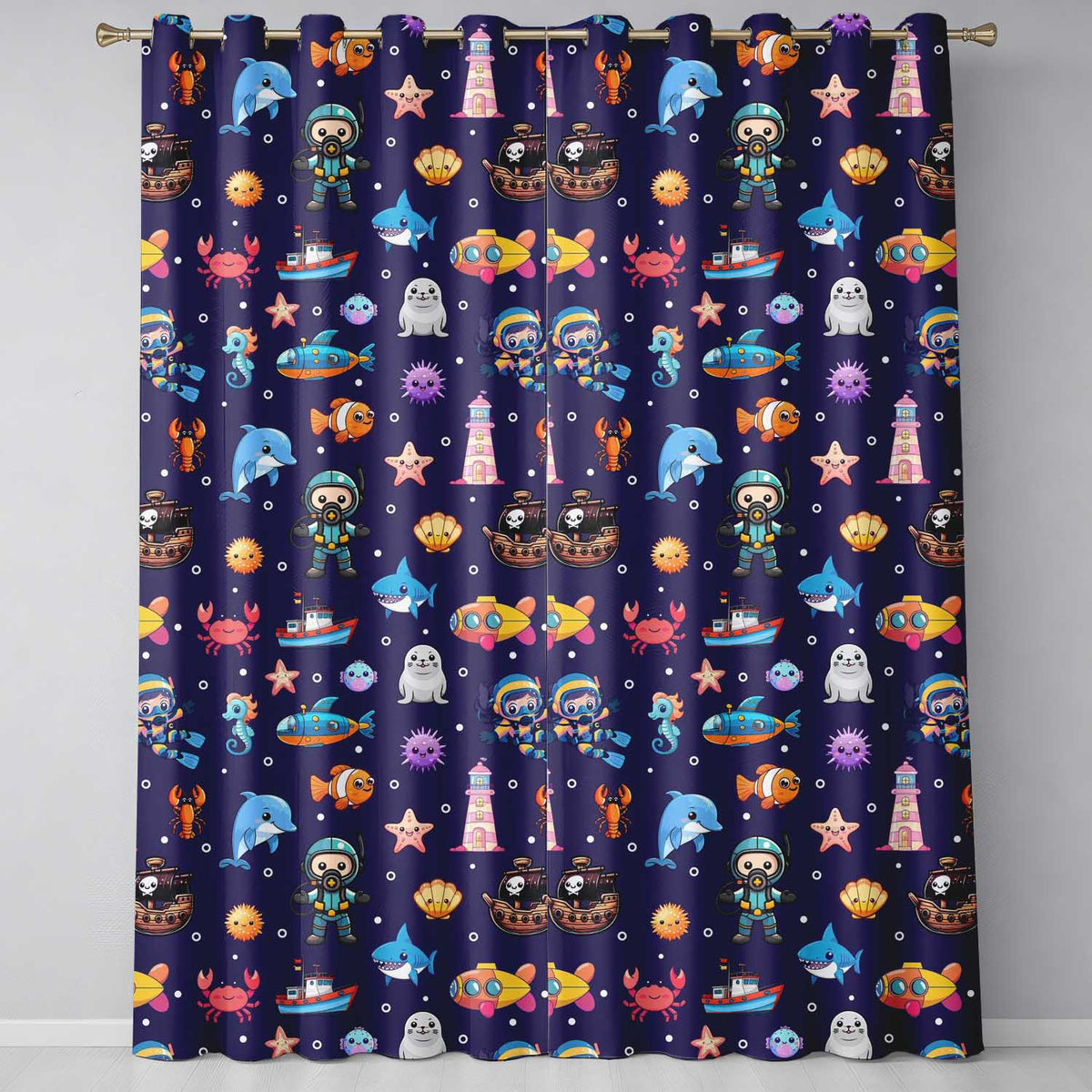 Cartoon Ocean  with Various  Sea Creatures on Rich Purple Background  Readymade Eyelet Ring Top Thermal 100% Blackout Curtains