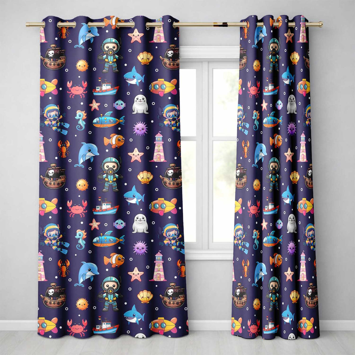 Cartoon Ocean  with Various  Sea Creatures on Rich Purple Background  Readymade Eyelet Ring Top Thermal 100% Blackout Curtains