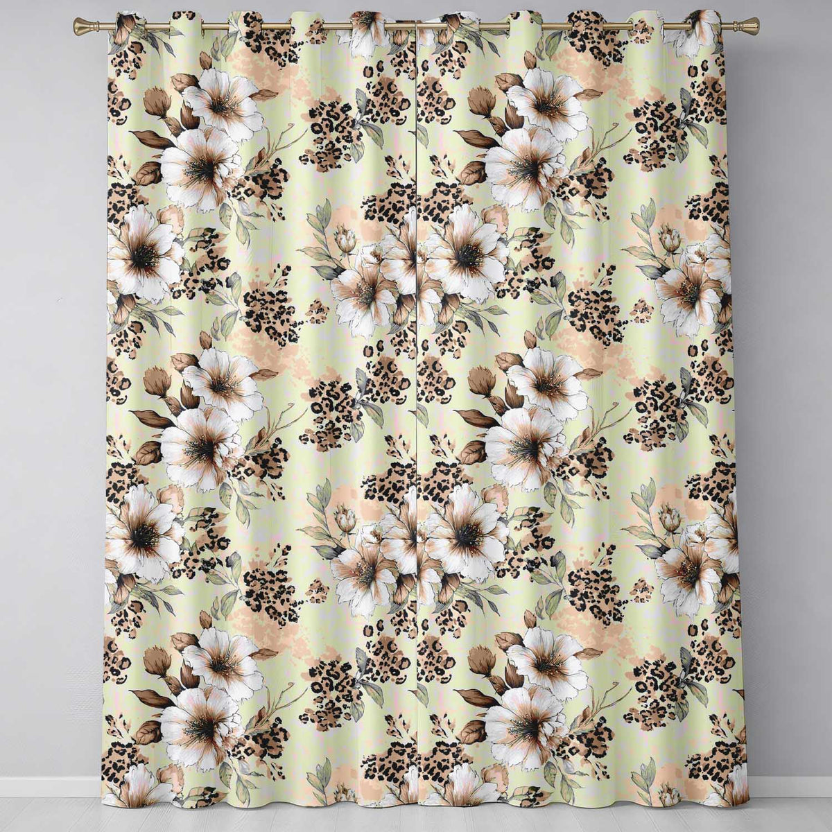 Elegant Beige Floral with Vintage Flowers and Leopard Print Aesthetic Design  Readymade Eyelet Ring Top Thermal 100% Blackout Curtains