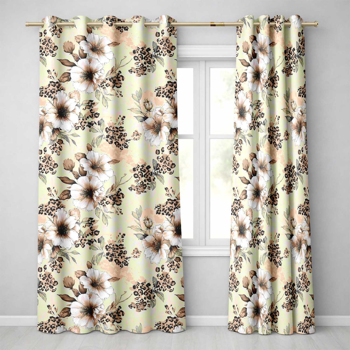 Elegant Beige Floral with Vintage Flowers and Leopard Print Aesthetic Design  Readymade Eyelet Ring Top Thermal 100% Blackout Curtains