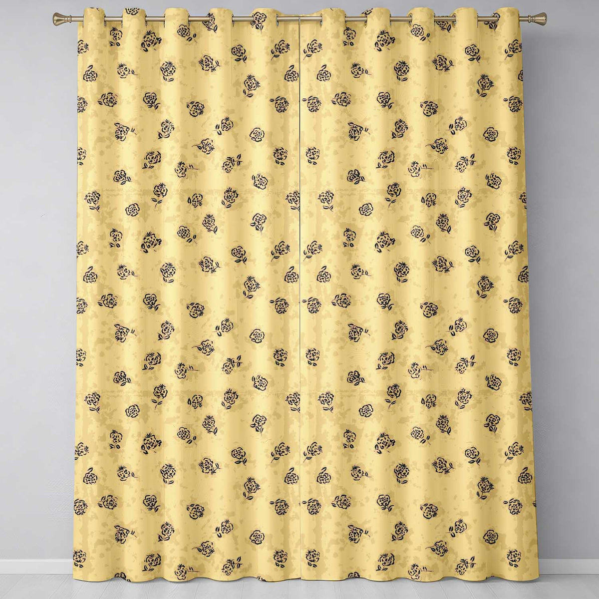 Simple Beige Floral Repeat Small Black Flowers Minimal Aesthetic Design  Readymade Eyelet Ring Top Thermal 100% Blackout Curtains