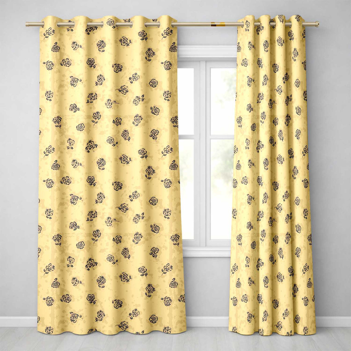 Simple Beige Floral Repeat Small Black Flowers Minimal Aesthetic Design  Readymade Eyelet Ring Top Thermal 100% Blackout Curtains