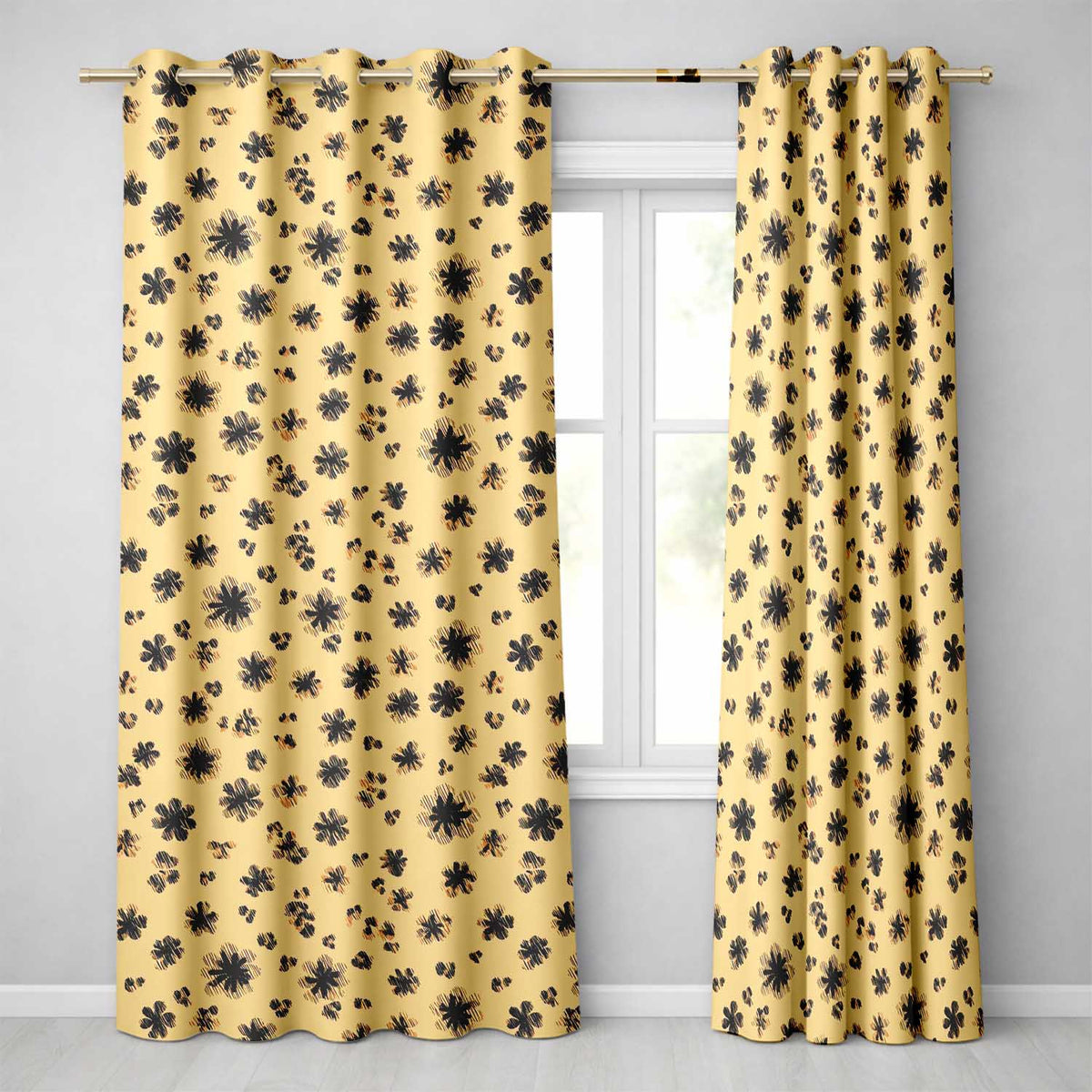 Abstract Leopard Spot and Floral Ditsy with Black Motifs Warm Beige Background  Readymade Eyelet Ring Top Thermal 100% Blackout Curtains