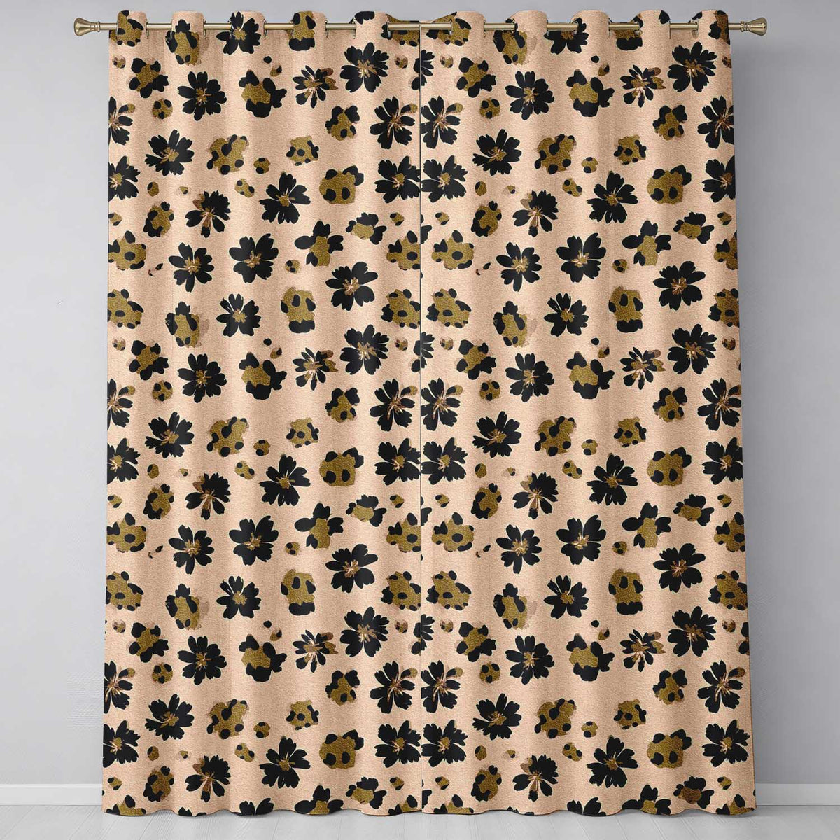 Modern Minimal Floral and Leopard Mix Black FlowersTextured Beige Background  Readymade Eyelet Ring Top Thermal 100% Blackout Curtains
