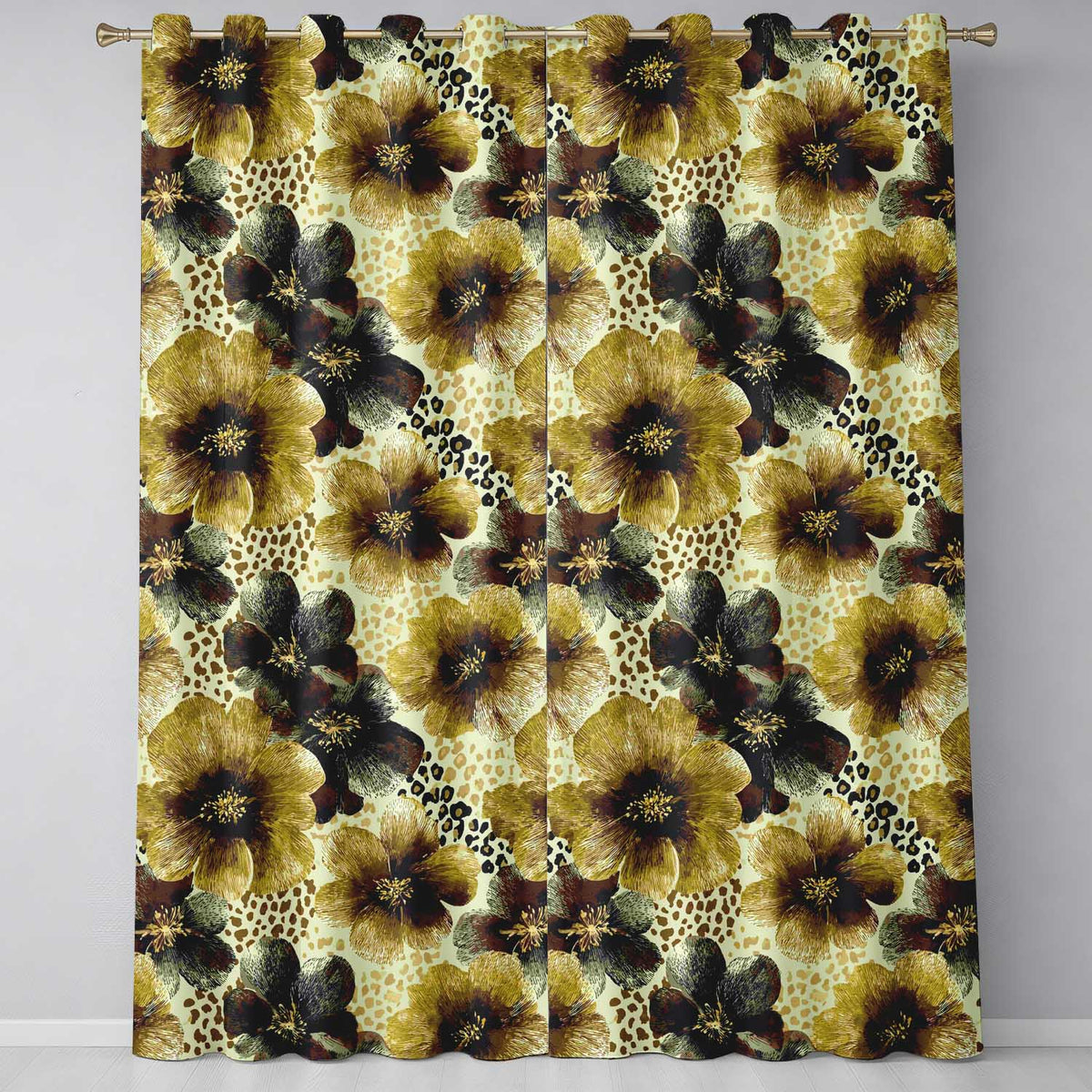 Warm Gold and Brown Floral  with Abstract Leopard Spots  Textile Design  Readymade Eyelet Ring Top Thermal 100% Blackout Curtains