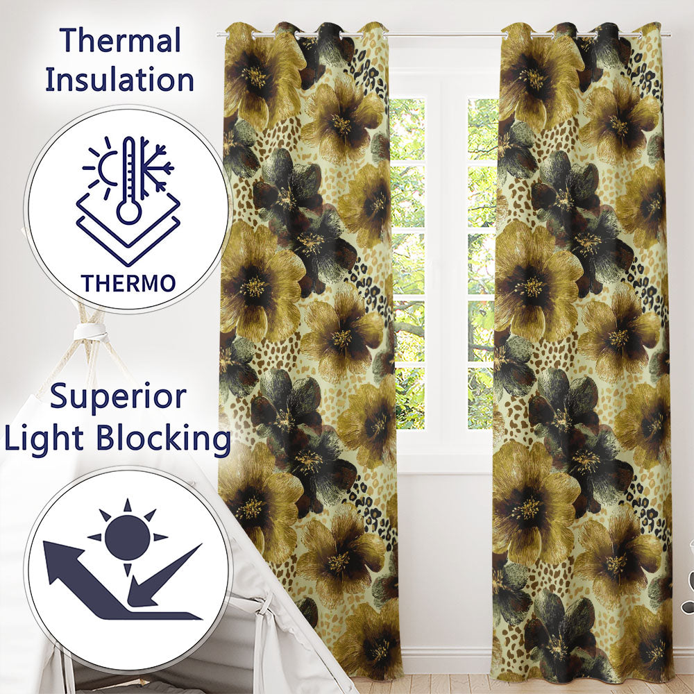 Warm Gold and Brown Floral  with Abstract Leopard Spots  Textile Design  Readymade Eyelet Ring Top Thermal 100% Blackout Curtains