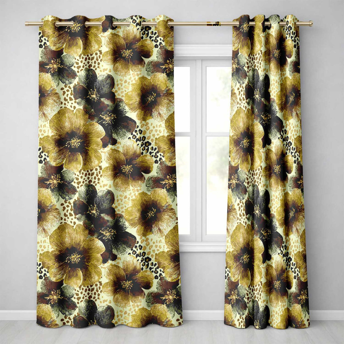 Warm Gold and Brown Floral  with Abstract Leopard Spots  Textile Design  Readymade Eyelet Ring Top Thermal 100% Blackout Curtains