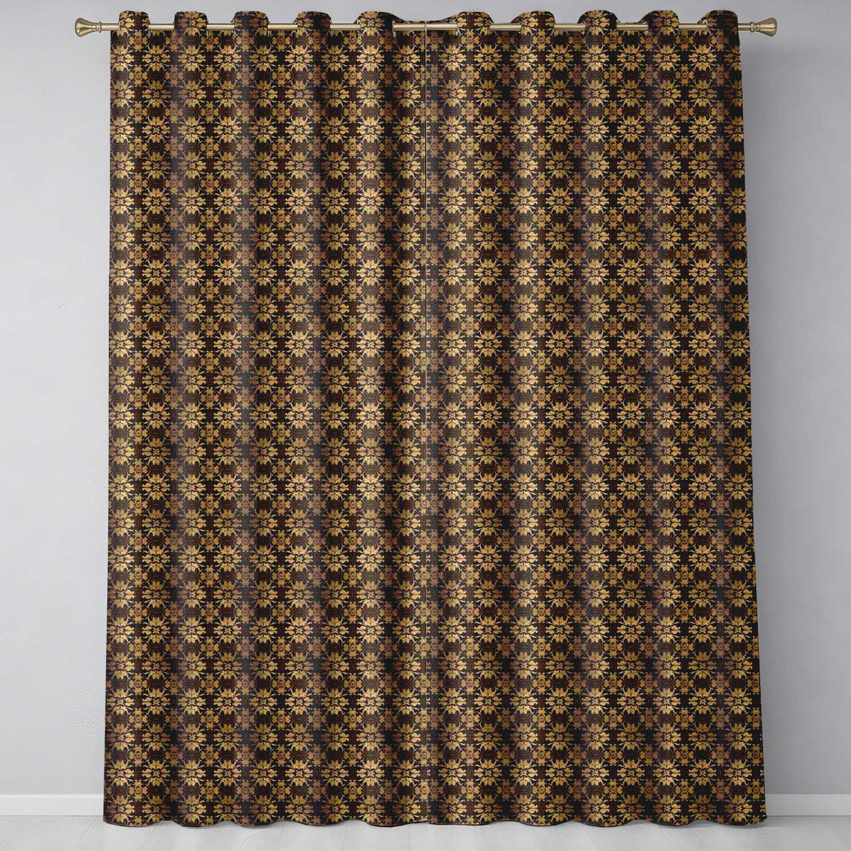 Classic Vintage Damask Pattern in Rich Brown and Gold Ornamental Repeat Design  Readymade Eyelet Ring Top Thermal 100% Blackout Curtains