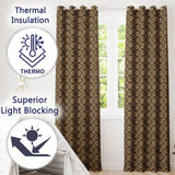 Classic Vintage Damask Pattern in Rich Brown and Gold Ornamental Repeat Design  Readymade Eyelet Ring Top Thermal 100% Blackout Curtains