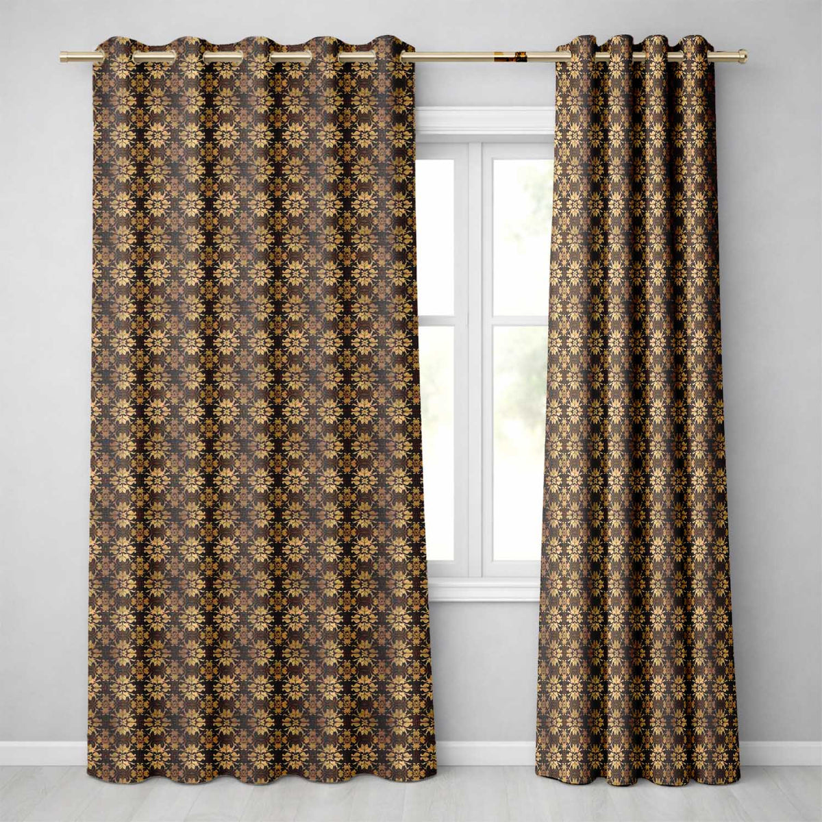 Classic Vintage Damask Pattern in Rich Brown and Gold Ornamental Repeat Design  Readymade Eyelet Ring Top Thermal 100% Blackout Curtains