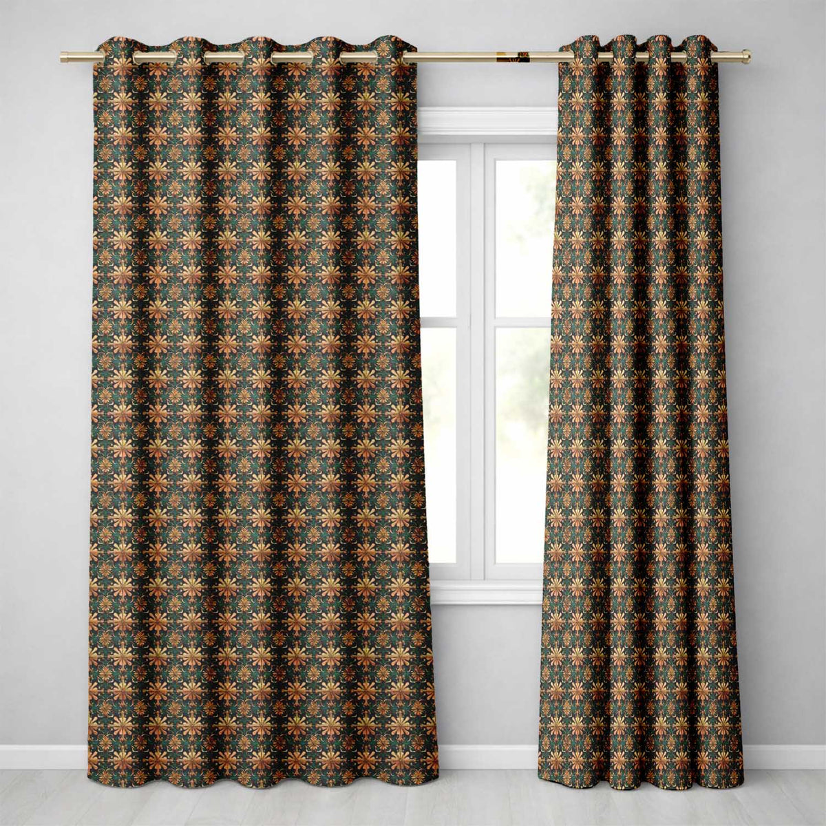 Luxury Ornate Baroque Floral Tile Pattern in Gold on Deep Teal Background  Readymade Eyelet Ring Top Thermal 100% Blackout Curtains