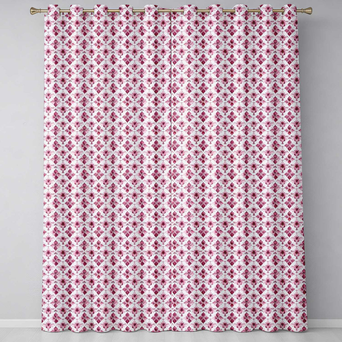 Watercolour Burgundy Damask Motif Repeat  on Light Background Elegant Style  Readymade Eyelet Ring Top Thermal 100% Blackout Curtains