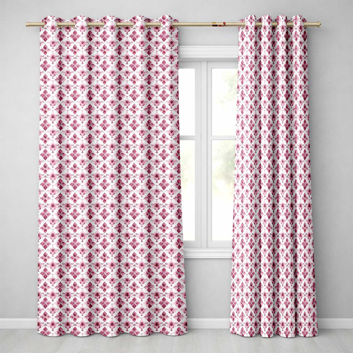 Watercolour Burgundy Damask Motif Repeat  on Light Background Elegant Style  Readymade Eyelet Ring Top Thermal 100% Blackout Curtains