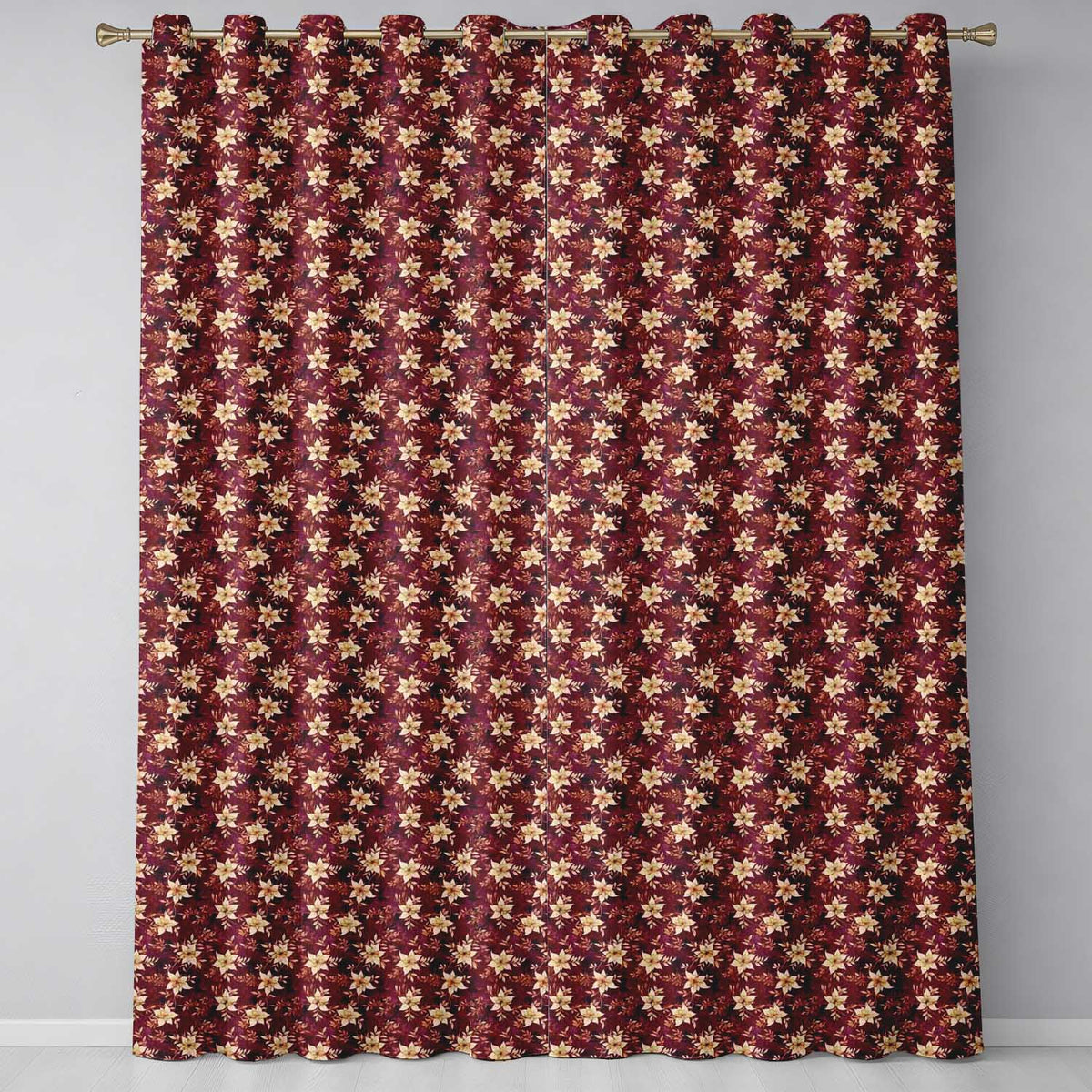 Rich Deep Red Floral   with Cream Blossoms and Textured Background  Readymade Eyelet Ring Top Thermal 100% Blackout Curtains