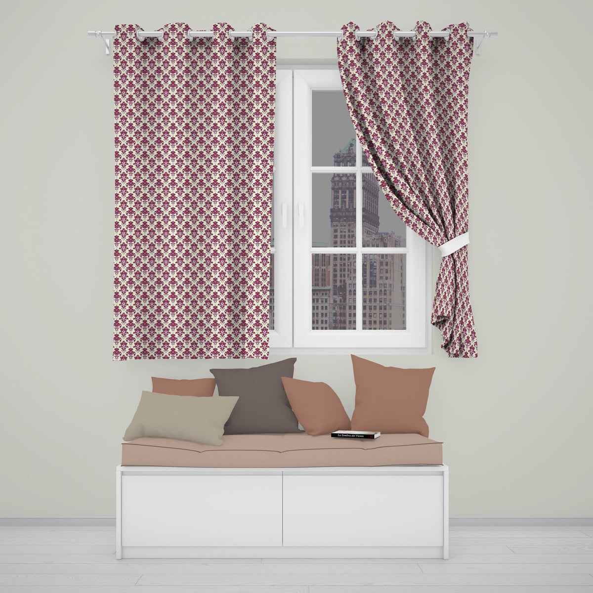 Classic Burgundy Damask Repeat  Cream Background Traditional Ornamental Style  Readymade Eyelet Ring Top Thermal 100% Blackout Curtains