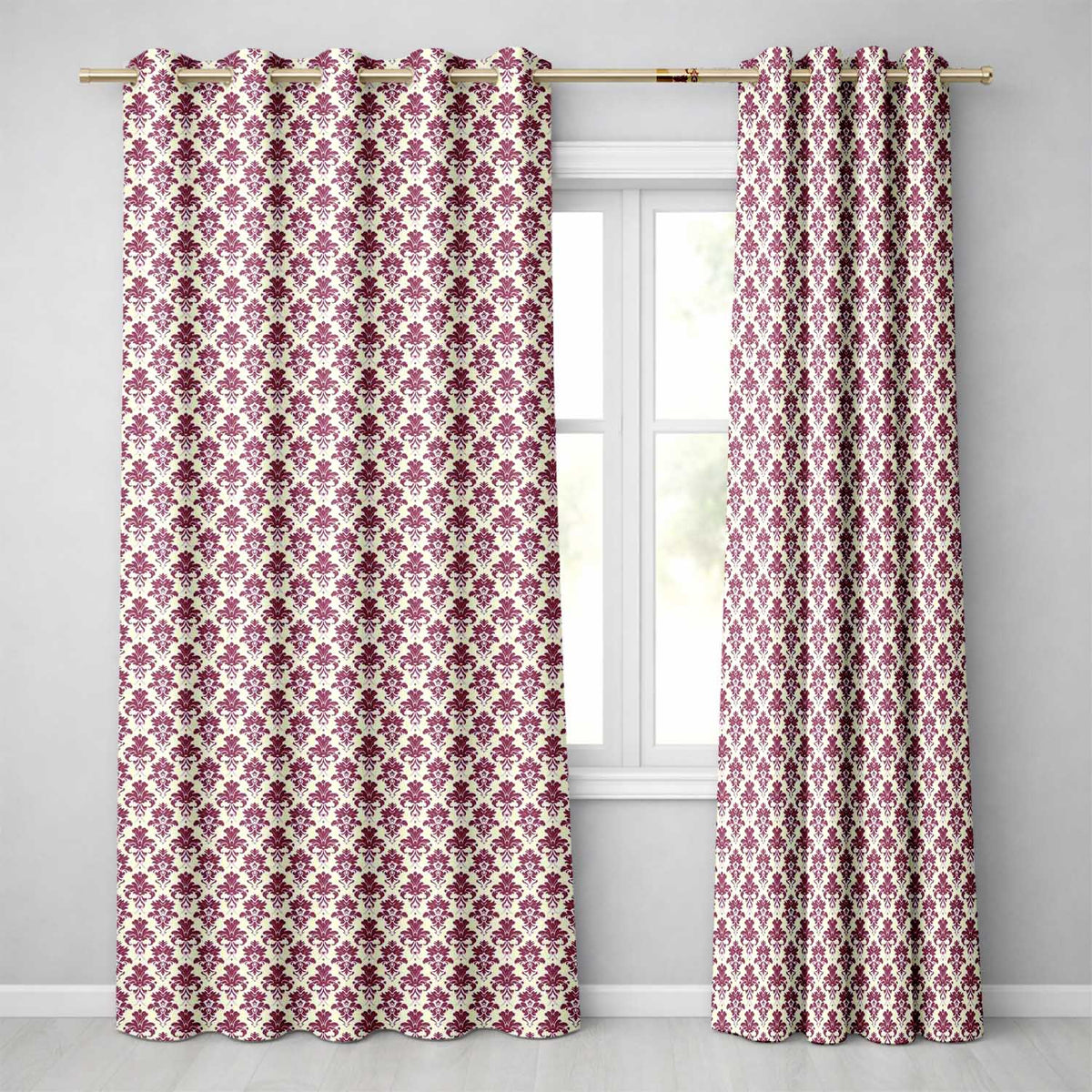 Classic Burgundy Damask Repeat  Cream Background Traditional Ornamental Style  Readymade Eyelet Ring Top Thermal 100% Blackout Curtains