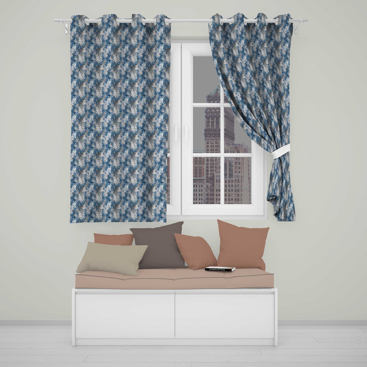 Vintage Blue Watercolour Floral Toile Seamless Pattern with Distressed Texture  Readymade Eyelet Ring Top Thermal 100% Blackout Curtains