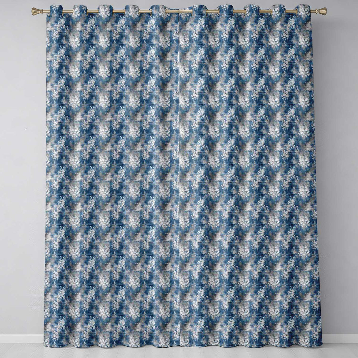 Vintage Blue Watercolour Floral Toile Seamless Pattern with Distressed Texture  Readymade Eyelet Ring Top Thermal 100% Blackout Curtains