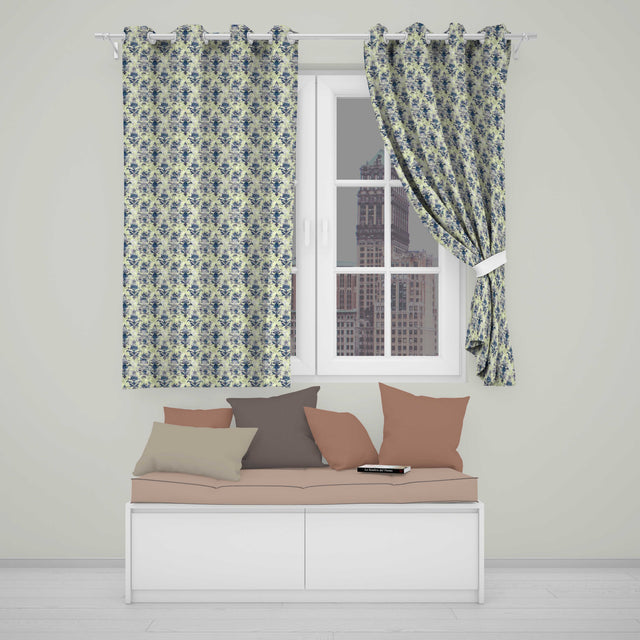 Elegant Blue Vintage Floral Damask   on Textured Neutral Background  Readymade Eyelet Ring Top Thermal 100% Blackout Curtains