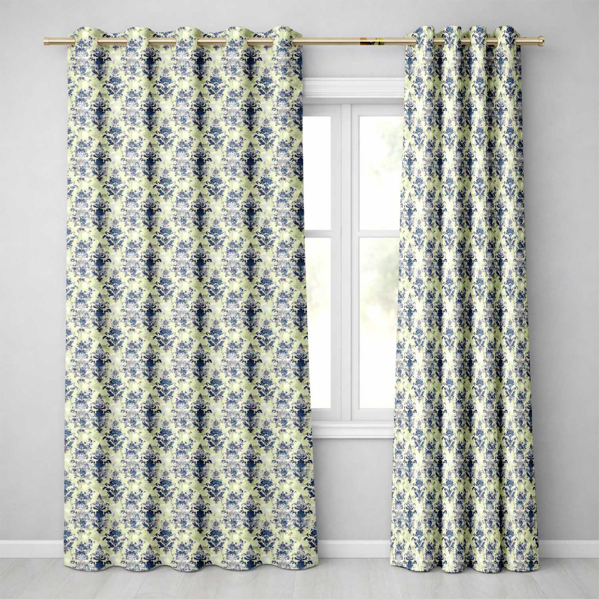Elegant Blue Vintage Floral Damask   on Textured Neutral Background  Readymade Eyelet Ring Top Thermal 100% Blackout Curtains