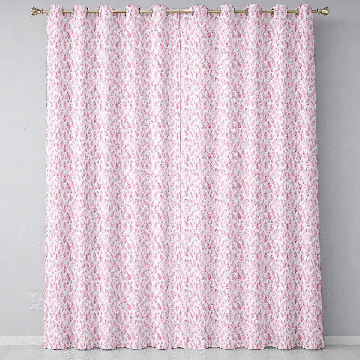 Soft Pink Watercolor Leaf  with Delicate Botanical Elements  Design  Readymade Eyelet Ring Top Thermal 100% Blackout Curtains