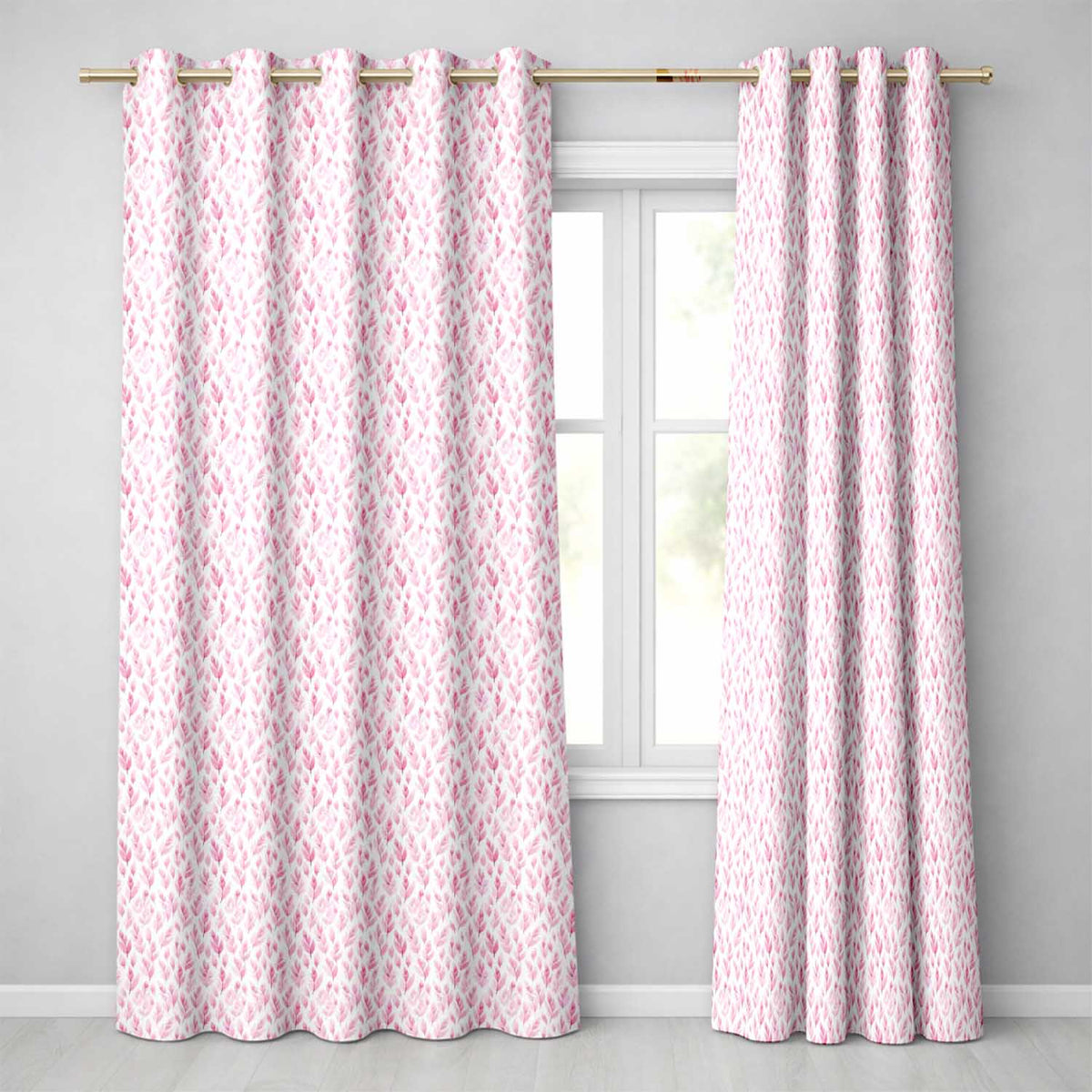 Soft Pink Watercolor Leaf  with Delicate Botanical Elements  Design  Readymade Eyelet Ring Top Thermal 100% Blackout Curtains
