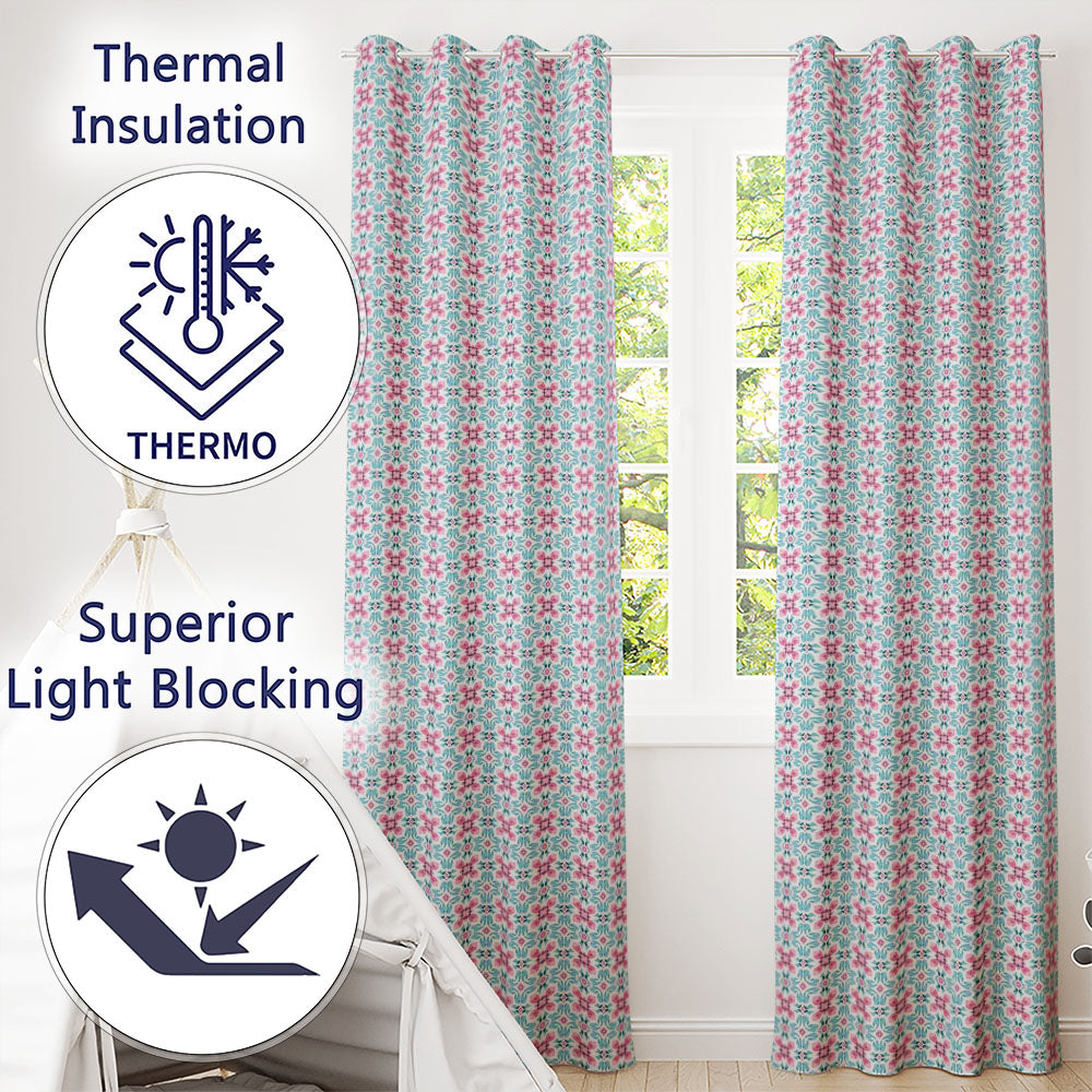 Vintage Floral Tile  in Soft Pink and Blue Symmetrical Design   Readymade Eyelet Ring Top Thermal 100% Blackout Curtains