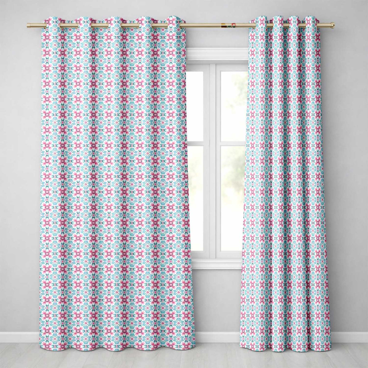 Vintage Floral Tile  in Soft Pink and Blue Symmetrical Design   Readymade Eyelet Ring Top Thermal 100% Blackout Curtains
