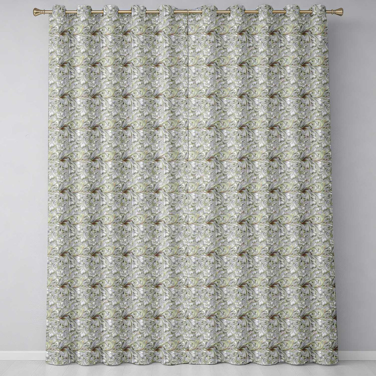 Elegant Beige Baroque Floral Scroll  with Ornate Vintage Texture  Design  Readymade Eyelet Ring Top Thermal 100% Blackout Curtains