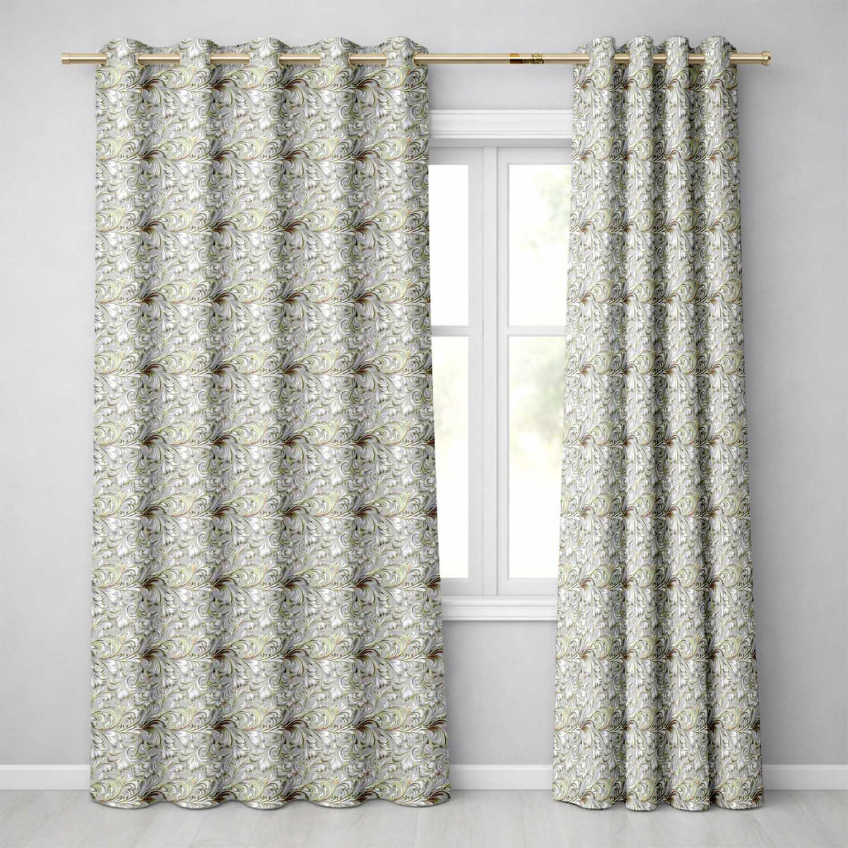 Elegant Beige Baroque Floral Scroll  with Ornate Vintage Texture  Design  Readymade Eyelet Ring Top Thermal 100% Blackout Curtains