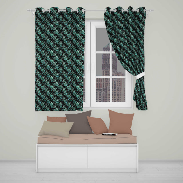 Dark Teal Floral Damask Pattern with Ornate Botanical Details Seamless Design  Readymade Eyelet Ring Top Thermal 100% Blackout Curtains