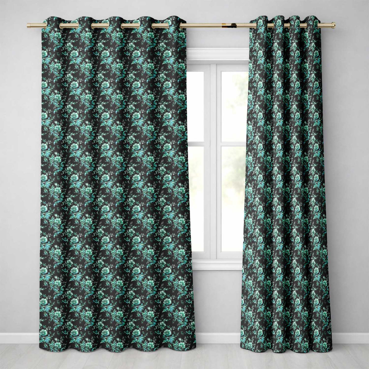 Dark Teal Floral Damask Pattern with Ornate Botanical Details Seamless Design  Readymade Eyelet Ring Top Thermal 100% Blackout Curtains