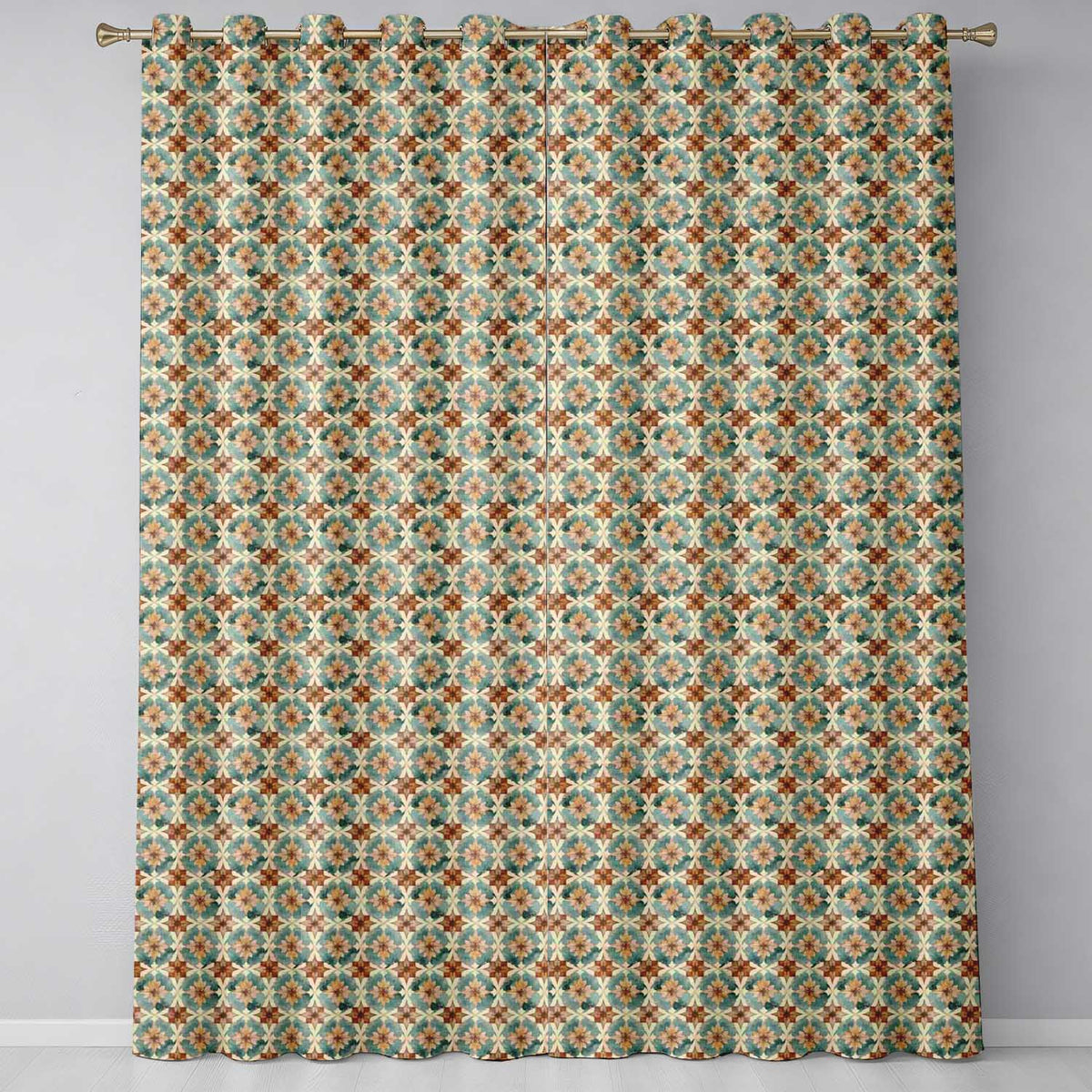Vintage Teal and Brown Floral Tile Pattern with Ornate Geometric Design  Readymade Eyelet Ring Top Thermal 100% Blackout Curtains