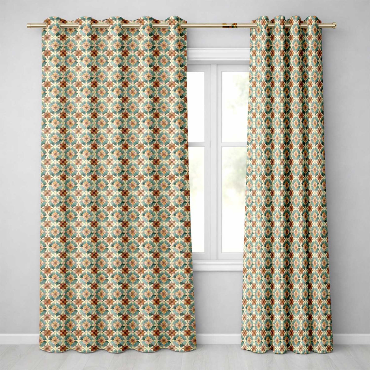 Vintage Teal and Brown Floral Tile Pattern with Ornate Geometric Design  Readymade Eyelet Ring Top Thermal 100% Blackout Curtains