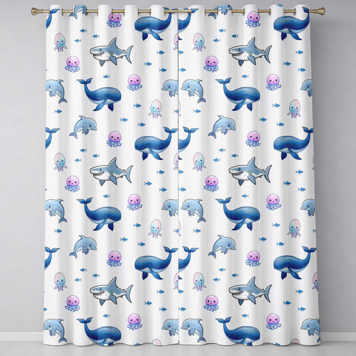 Cute Dolphin Shark and Jellyfish Ocean Animals Light Grey Background   Readymade Eyelet Ring Top Thermal 100% Blackout Curtains