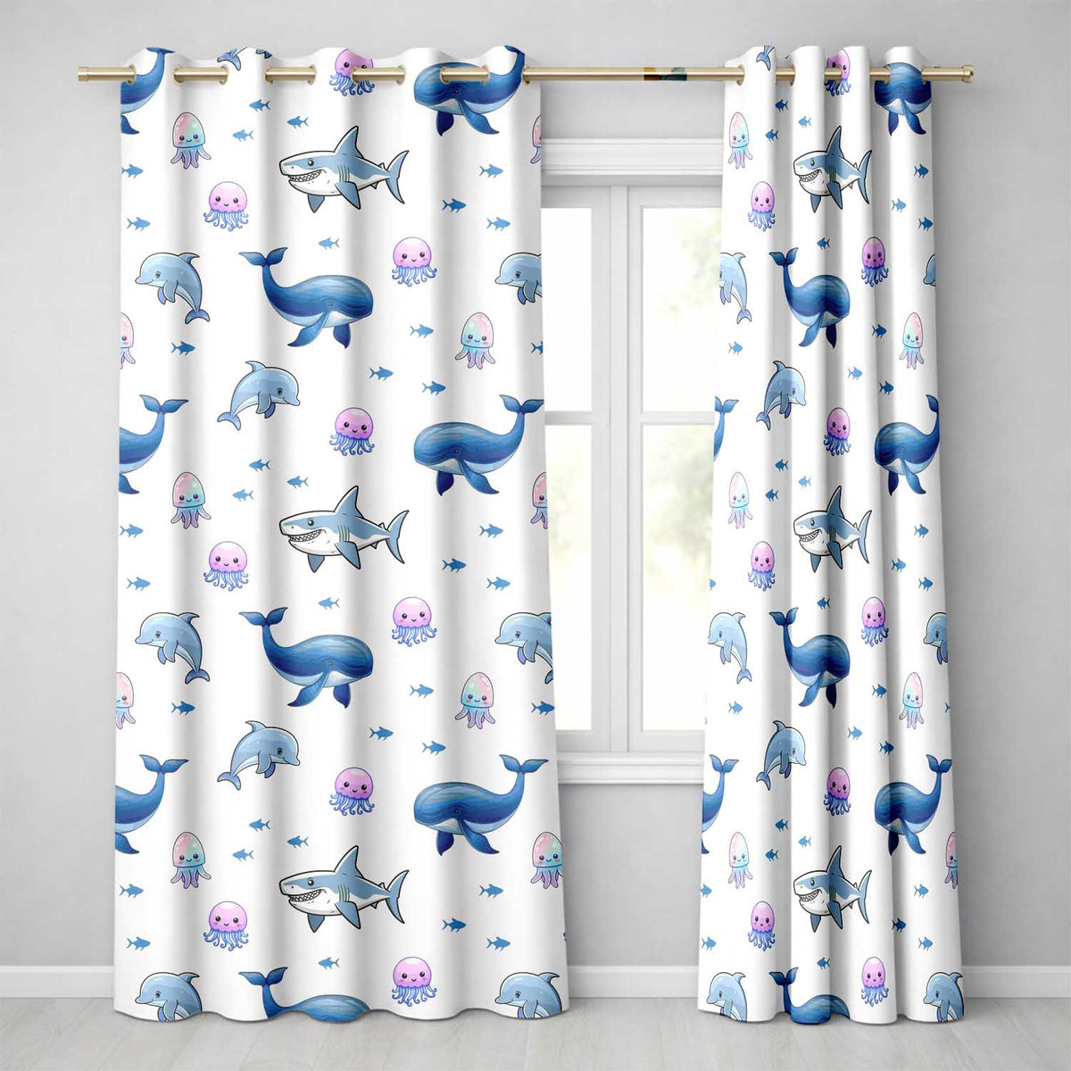 Cute Dolphin Shark and Jellyfish Ocean Animals Light Grey Background   Readymade Eyelet Ring Top Thermal 100% Blackout Curtains