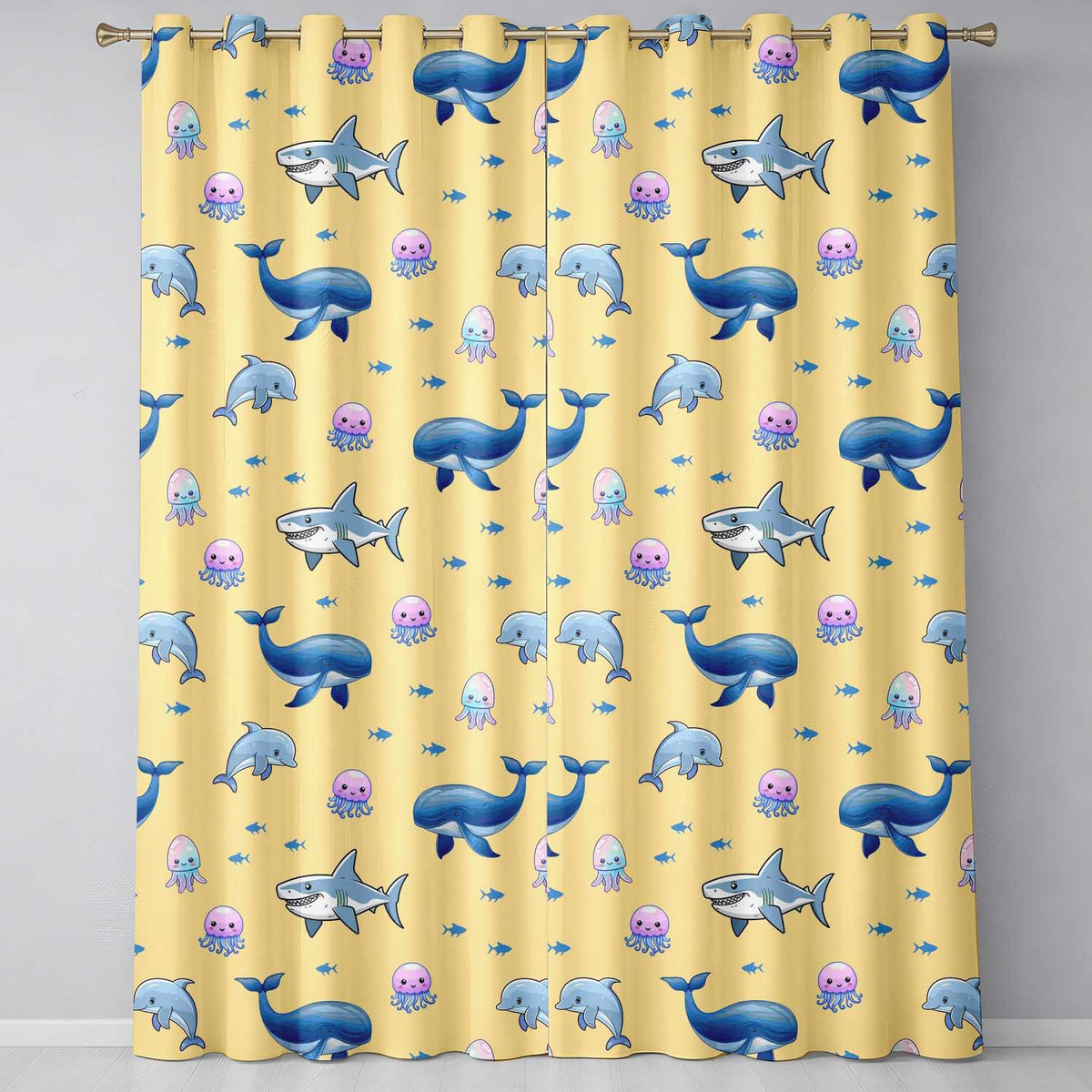 Cute Dolphin Shark and Jellyfish Ocean Animals Warm Yellow Background   Readymade Eyelet Ring Top Thermal 100% Blackout Curtains