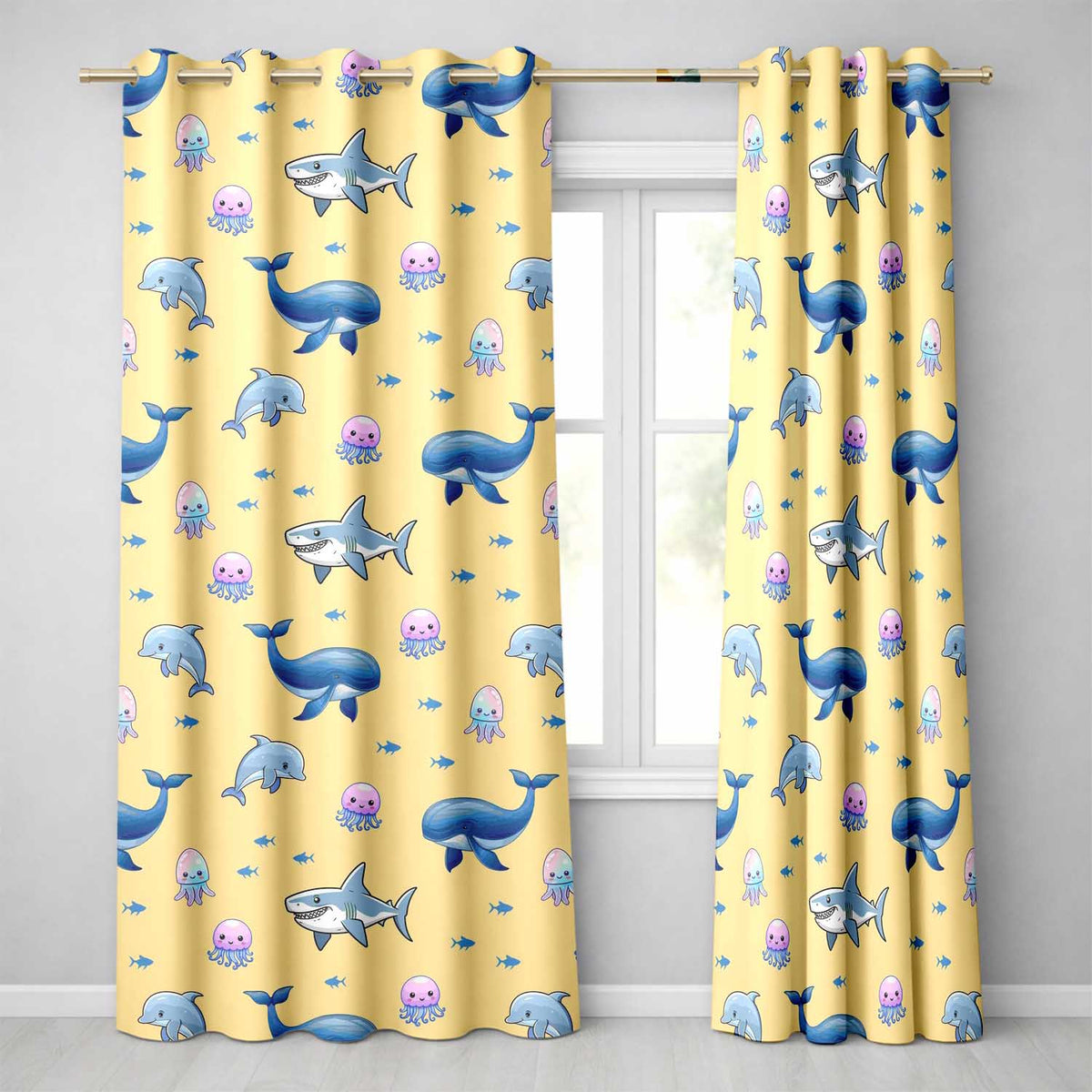 Cute Dolphin Shark and Jellyfish Ocean Animals Warm Yellow Background   Readymade Eyelet Ring Top Thermal 100% Blackout Curtains