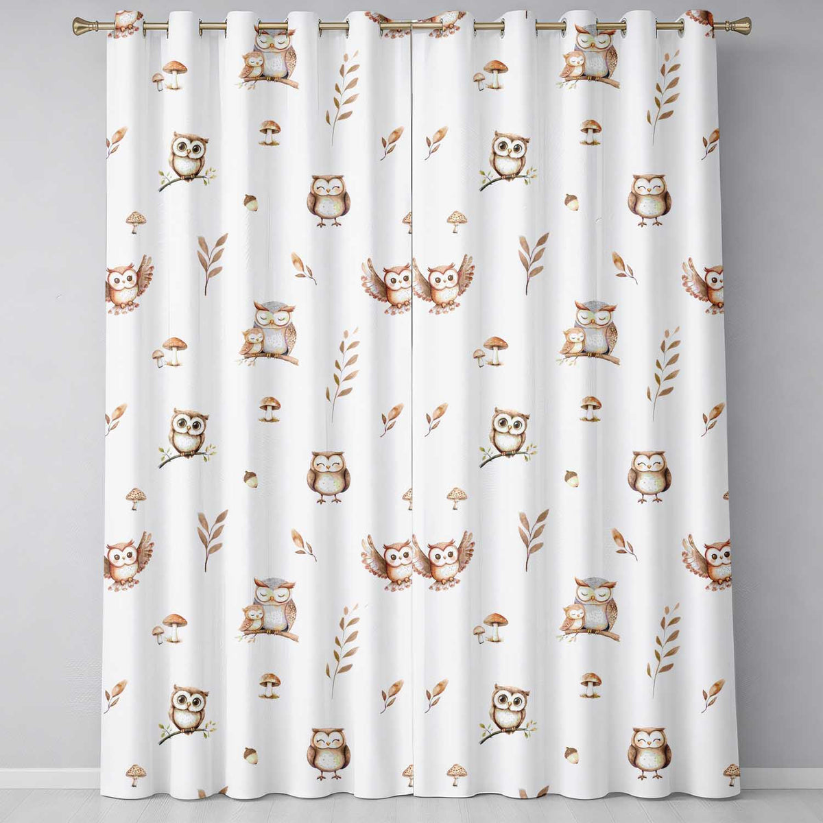 Cute Woodland Owls Mushrooms and Leaves White Background Seamless Pattern  Readymade Eyelet Ring Top Thermal 100% Blackout Curtains