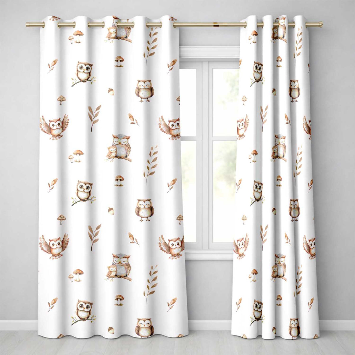 Cute Woodland Owls Mushrooms and Leaves White Background Seamless Pattern  Readymade Eyelet Ring Top Thermal 100% Blackout Curtains