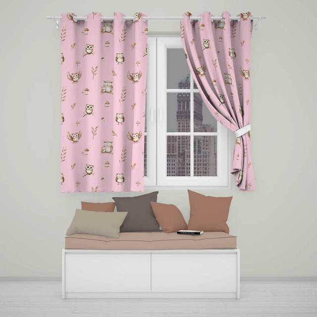 Cute Woodland Owls Mushrooms and Leaves Pink Background Seamless Pattern  Readymade Eyelet Ring Top Thermal 100% Blackout Curtains