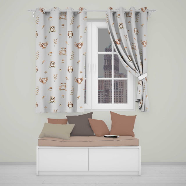 Cute Woodland Owls Mushrooms and Leaves Neutral Grey Background Seamless  Readymade Eyelet Ring Top Thermal 100% Blackout Curtains