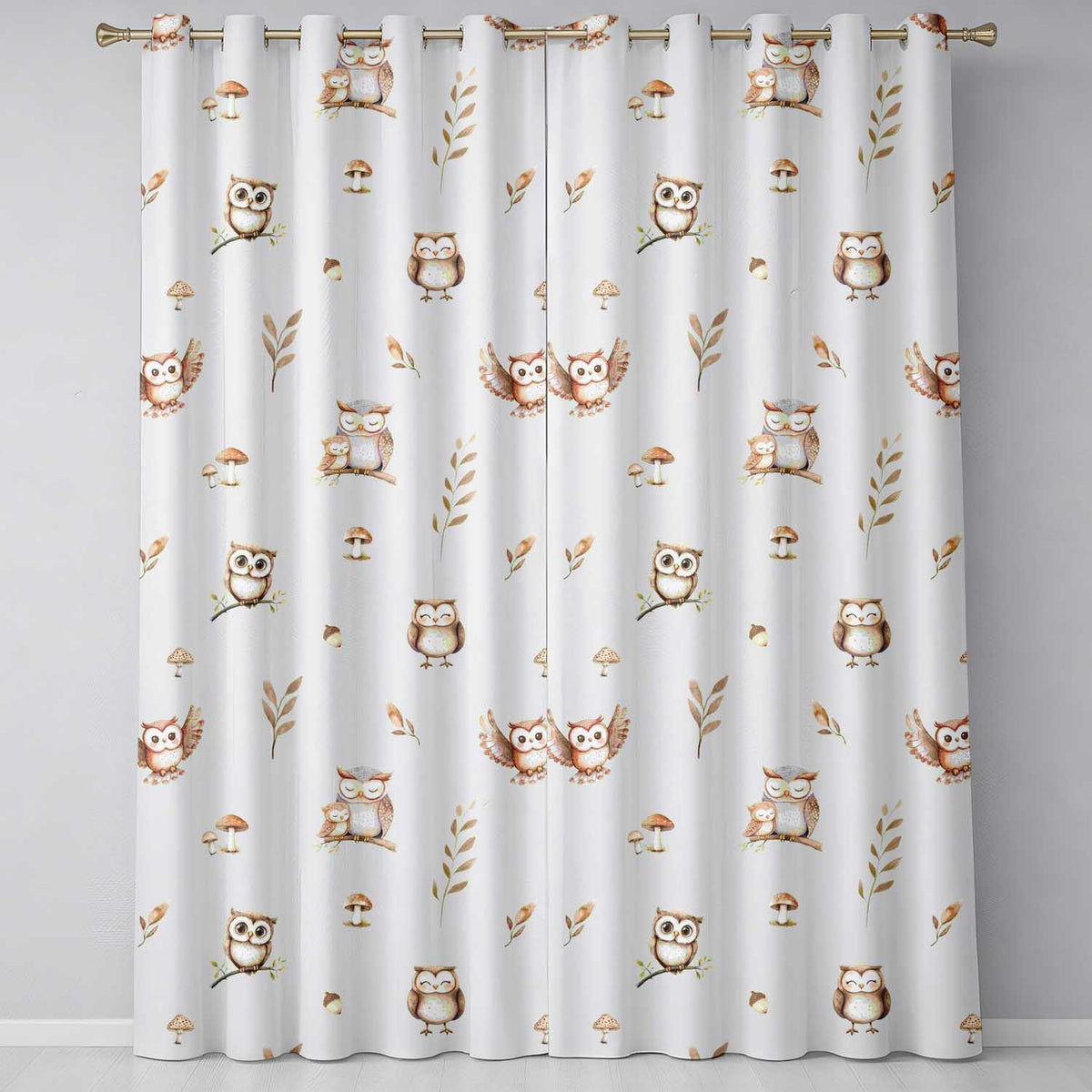 Cute Woodland Owls Mushrooms and Leaves Neutral Grey Background Seamless  Readymade Eyelet Ring Top Thermal 100% Blackout Curtains