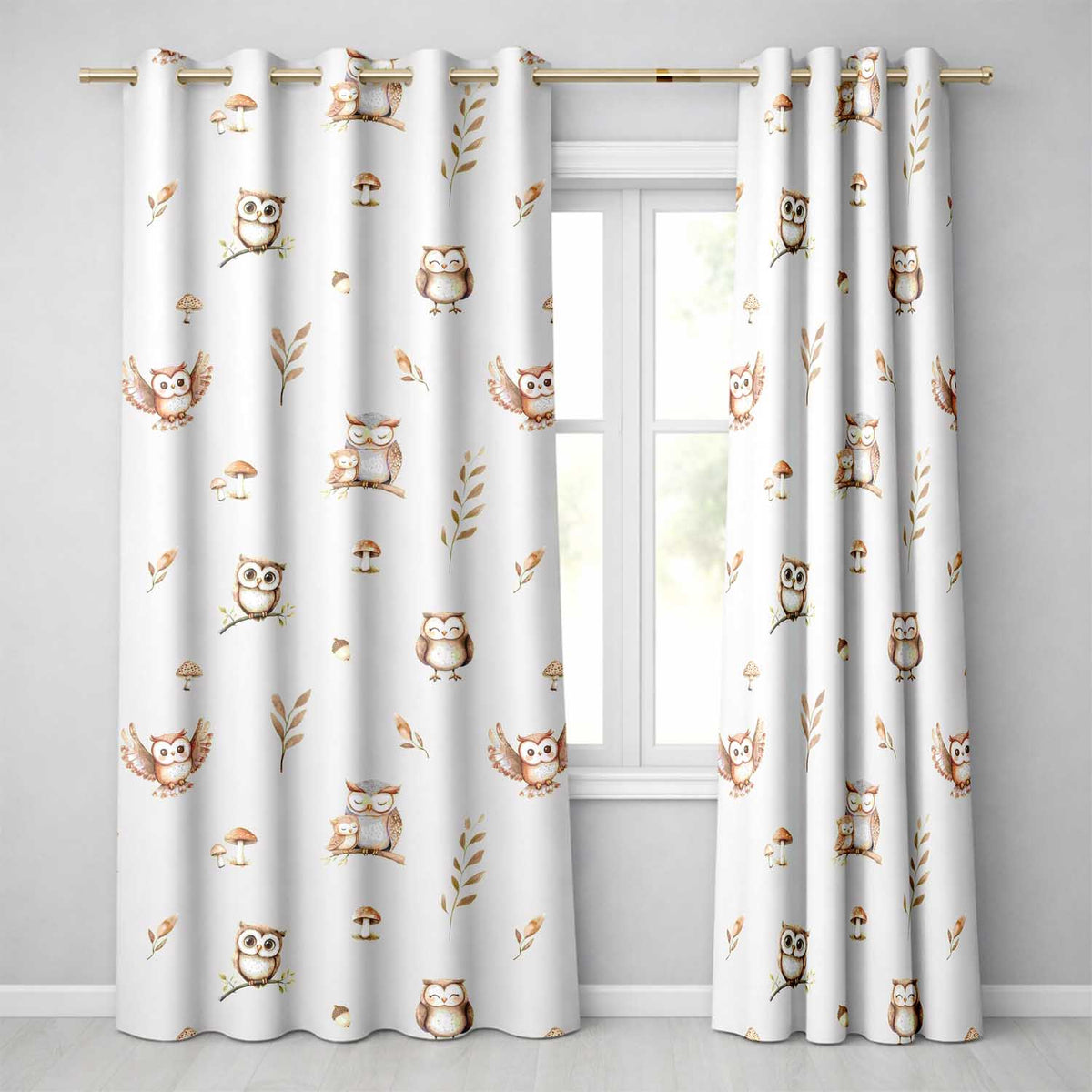 Cute Woodland Owls Mushrooms and Leaves Neutral Grey Background Seamless  Readymade Eyelet Ring Top Thermal 100% Blackout Curtains