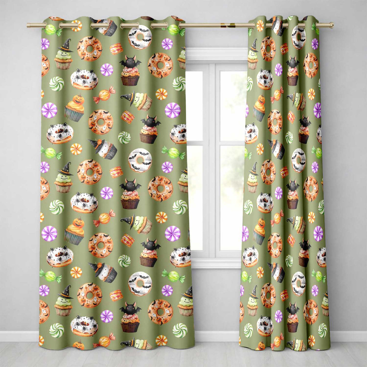 Cute Halloween Donuts Cupcakes Bats Candy and Pumpkins Olive Green Background   Readymade Eyelet Ring Top Thermal 100% Blackout Curtains